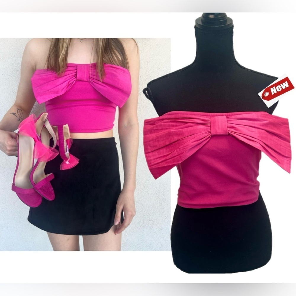 Thirty Thirty LA hot pink front bow strapless bandeau tube crop top Sz L NWT